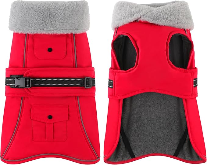 Dogcheer Dog Coat with Pocket, Waterproof Dog Jacket with Adjustable Buckle, Reflective Puppy Winter Coat Warm Turtleneck Fleece SnowJacket for Small Medium Large Dogs - Red 2XL