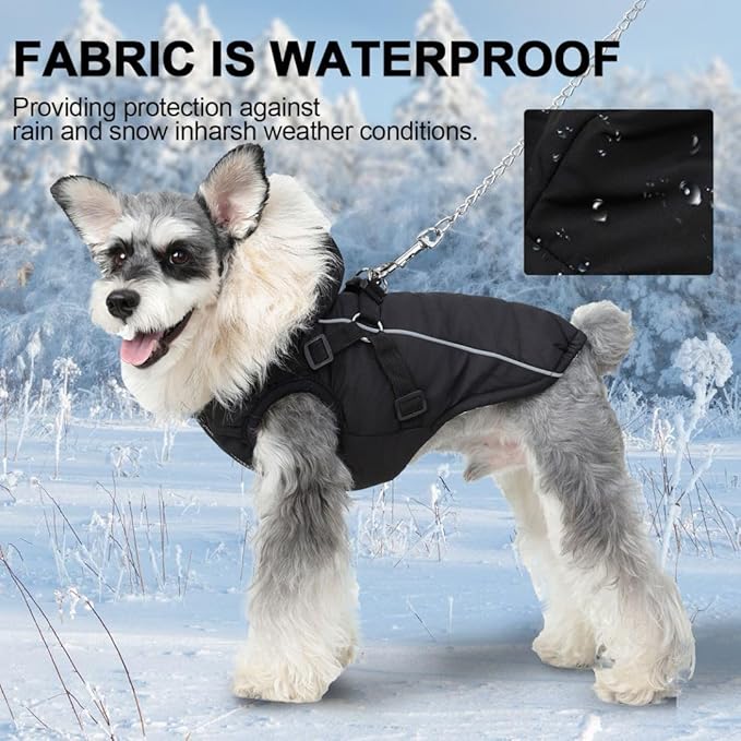 PINA Winter Coat with Waterproof Fabric, Faux Fur Hood, Reflective Strap for Small to Large Dogs, Black, S