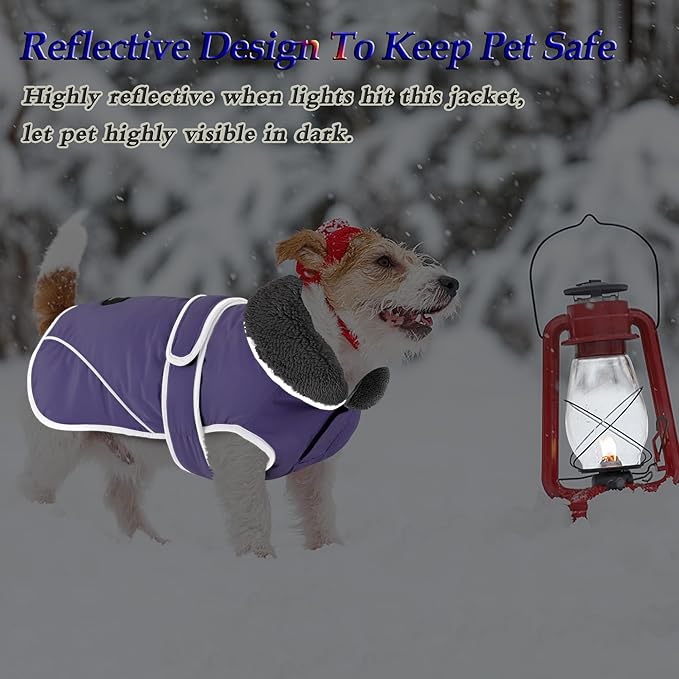 Dogcheer Dog Coat, Waterproof Dog Jacket Reflective Pet Winter Coat with Adjustable Hook & Loop, Christmas Puppy Fleece Jacket Warm Turtleneck Snowsuit for Small Medium Large Dogs - Taro Purple, L