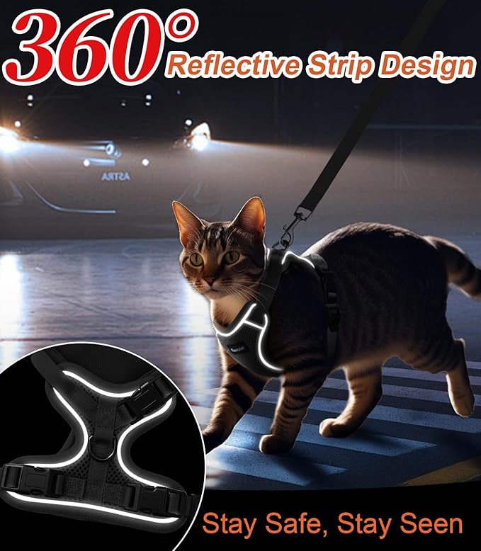 Cat Harness and Leash for Walking Escape Proof Soft Adjustable Cat Leash Breathable Comfortable Vest Easy to Wear Kitten Harness for Outdoor Travel Grey S