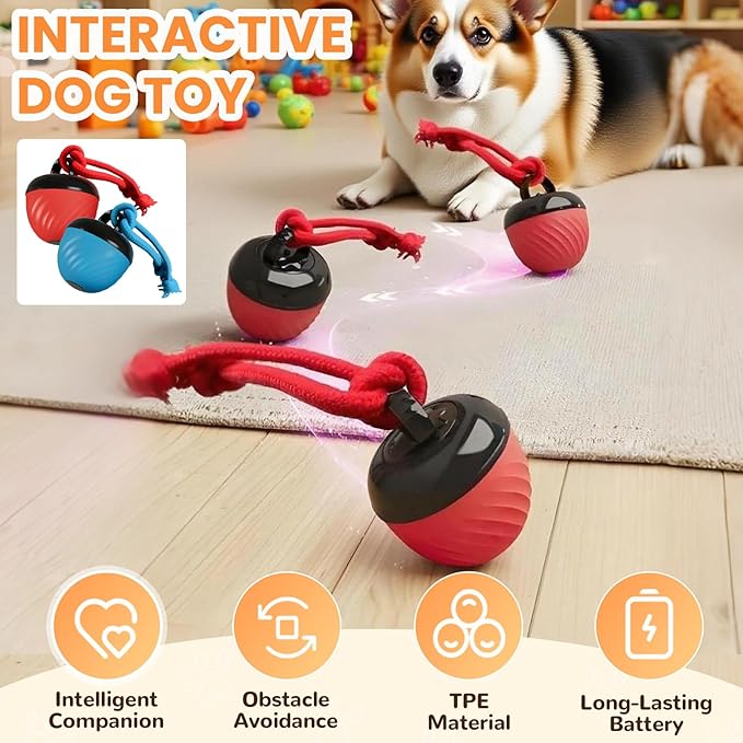Interactive Dog Toys Ball, 2026 New Smart Pet Puppy Ball with Ropes, Random Path Electric Automatic Moving and Rolling Dogs Toy, for Small Medium Large Dogs Daily Training (Red)