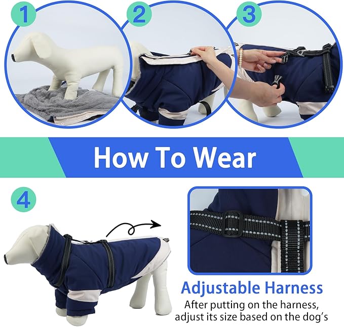 MIGOHI Dog Coat with Harness Built in, 2-in-1 Thermal Water-Resistant Dog Jacket, Windproof Reflective Snowsuit for Extra Large Dogs, German Shepherd, High Collar Design, Navy Blue, 3XL