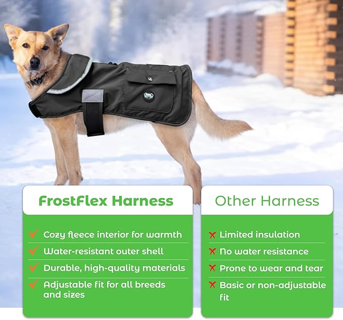 Joyride Harness FrostFlex Dog Winter Jacket - Fleece Lined & Water-Resistant - Snowsuit with Pockets for Treats & Poop Bags - Durable Cold Weather Dog Coat - Black Onyx-L