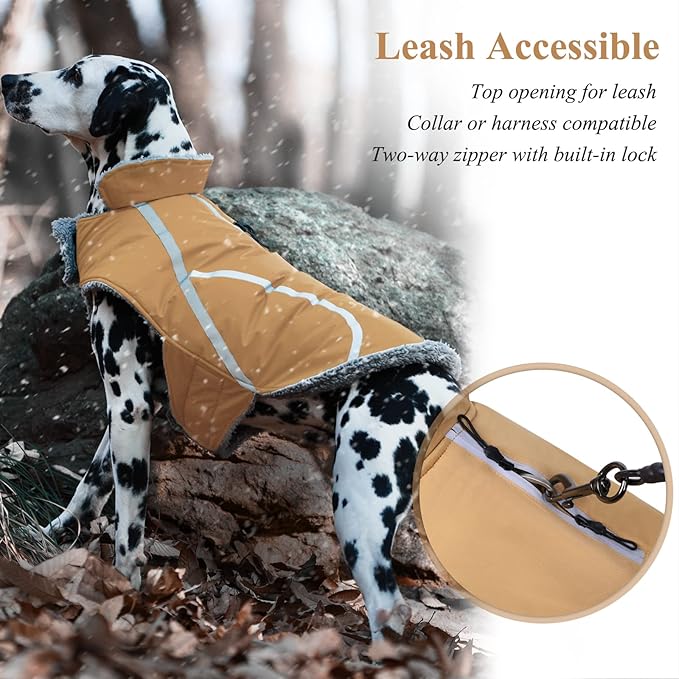 VIVAGLORY Frostfit Dog Coat, Dog Jacket for Winter & Cold Weather, Warm Fluffy Fleece Lined Water Resistant Reflective for Puppy, Coat with Velcro Fastening & Leash Hole, XS, Khaki