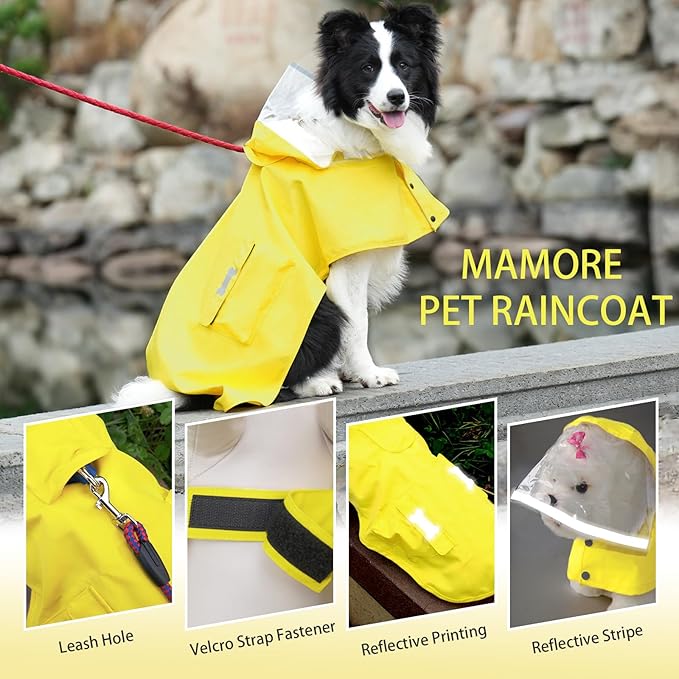 Dog Raincoat Waterproof, Adjustable Reflective Hooded Dog Rain Poncho with Leash Hole for Small Medium Large Dogs (Yellow, Small)