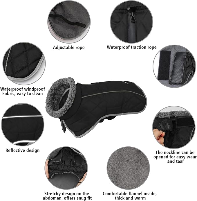 Fragralley Dog Coat Large, Waterproof Dog Jacket with Warm Fleece Lining, Adjustable Reflective Dogs Winter Coat, Turtleneck Pet Coats for Cold Weather (Black XL)