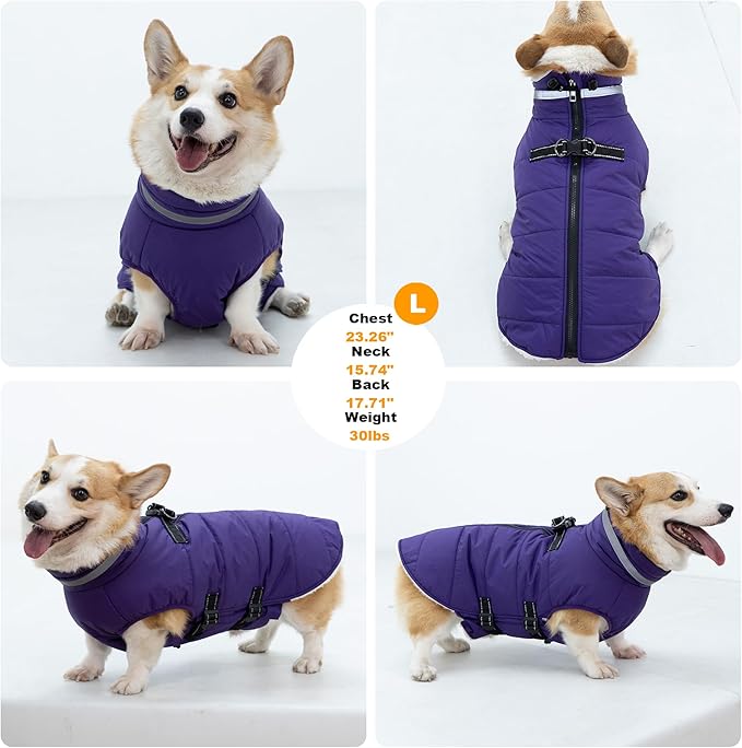 Small Dog Coat with Harness Built-in, Waterproof Reflective Fleece Lined - Warm Windproof Winter Jacket with Back Zipper, Cold Weather Snow Dog Coats - Purple - S