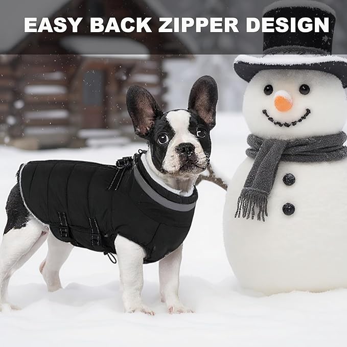 Large Dog Coat with Harness Built-in, Waterproof Reflective Fleece Lined - Warm Windproof Winter Jacket with Back Zipper, Cold Weather Snow Dog Coats - Black - 3XL