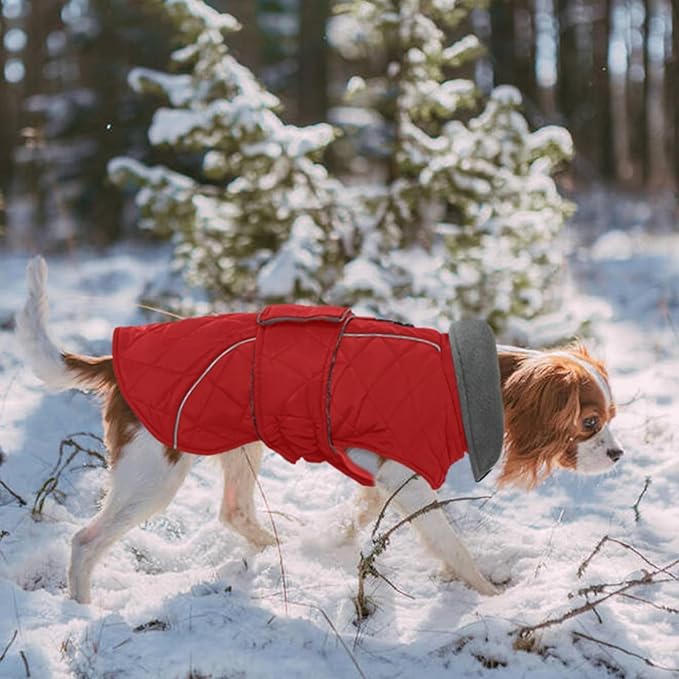 Kuoser Extra Warm Windproof Dog Cold Weather Coat, Fleece Lined Turtleneck Christmas Dog Jacket, Quilted Pet Winter Snowsuit Thermal Clothes with Reflective Adjustable Straps, Red L
