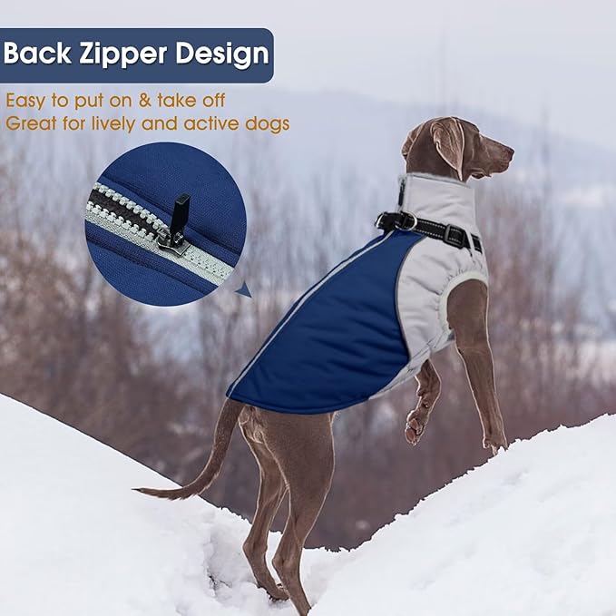 Small Dog Coat with Harness Built in,Warm Dog Jacket Water-Repellent Pet Winter Coats Snowsuit for Cold Weather,Warm Dogs Fleece Jacket with Zip,Reflective Winter Coat,Blue,S