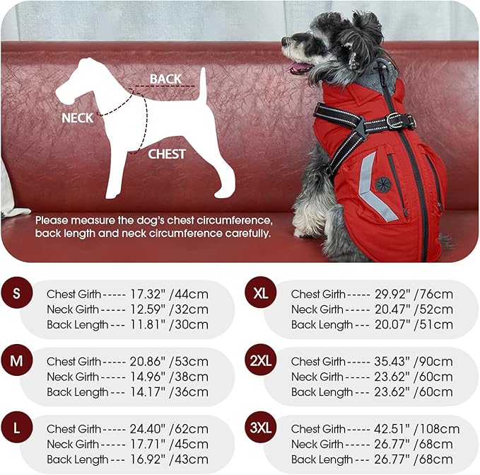 FUAMEY Dog Waterproof Winter Coat, Warm Dogs Jacket Reflective, Pet Fleece Lined Vest with Pockets, Cold Weather Clothes for Doggy, Dog Coats with Built in Harnesses, Schnauzer (Red, M)