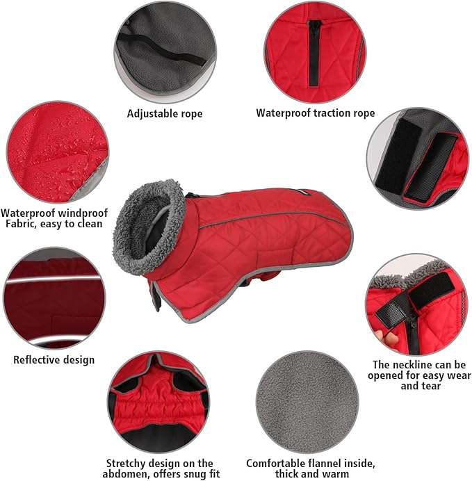 Fragralley Dog Coat Large, Waterproof Dog Jacket with Warm Fleece Lining, Adjustable Reflective Dogs Winter Coat, Turtleneck Pet Coats for Cold Weather (Red XXL)
