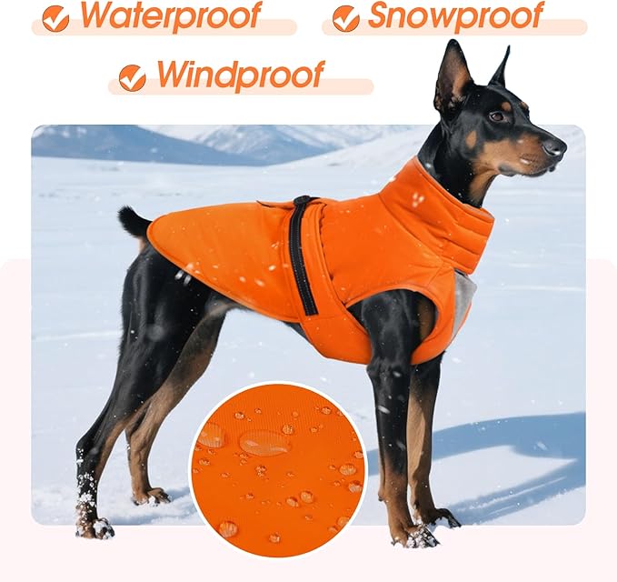 Extra Large Dog Coat, Warm Dog Winter Jacket, Waterproof Dogs Snowsuit with Foldable High Collar, Reflective Strips, Adjustable Hook & Loop Closure - Ideal for Cold Weather - Orange 4XL