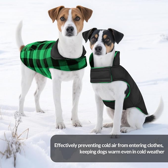 ASENKU Dog Winter Coat, Fleece Doggie Jacket Plaid Reversible Vest Waterproof Windproof Cold Weather Clothes for Small Medium Large Dogs (XXL, Green)