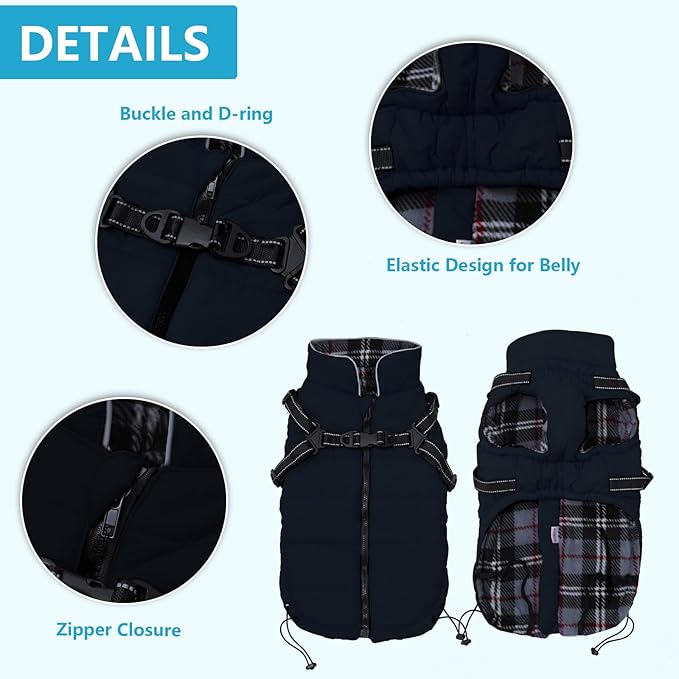 Geyecete Winter Warm Coat Waterproof Dog Winter Jacket with Harness Traction Belt,Pet Outdoor Jacket Dog Autumn and Winter Clothes for Medium, Small Dog-Navy-S
