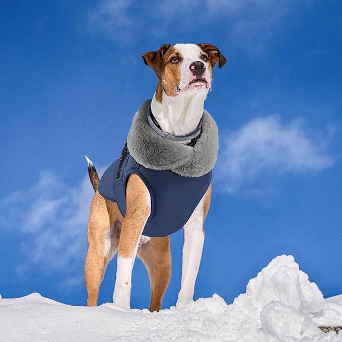 PETDSH Dog Coat Large, Windproof Dog Jacket with Warm Fleece Lining, Thickened Collar Dogs Winter Coat, Adjustable Reflective Pet Coats for Cold Weather (Navy Blue, Large)