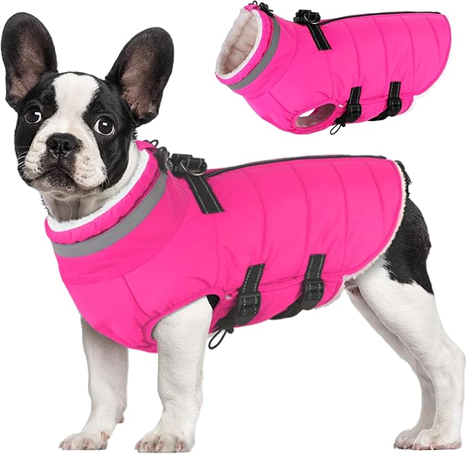 Medium Dog Coat with Harness Built-in, Waterproof Reflective Fleece Lined - Warm Windproof Winter Jacket with Back Zipper, Cold Weather Snow Dog Coats - Pink - M