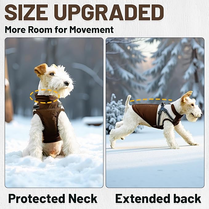 Dog Winter Coat for Small & Medium Dogs (Up to 31lb), Waterproof Dog Coat with Harness, Puppies Windproof Puppy Puffer Jacket, Snowsuit for Dachshund,Frenchie, Corgi (Classic Brown, Small)
