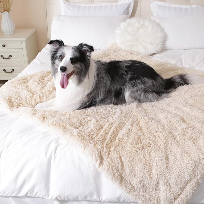 gogobunny Waterproof Dog Blanket for Large Dogs, Cats, Puppy, Reversible Faux Fur Pet Throw Blanket, Washable, Calming Furniture Protection for Sofa Bed (50x60 Inch (Pack of 1), Beige)
