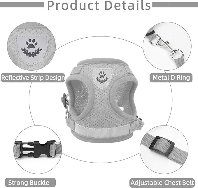 Cat Vest Harness and Small Dog Vest Harness for Walking, All Weather Mesh Harness, Cat Vest Harness with Reflective Strap, Step in Adjustable Harness for Small Cats (Gray, S)