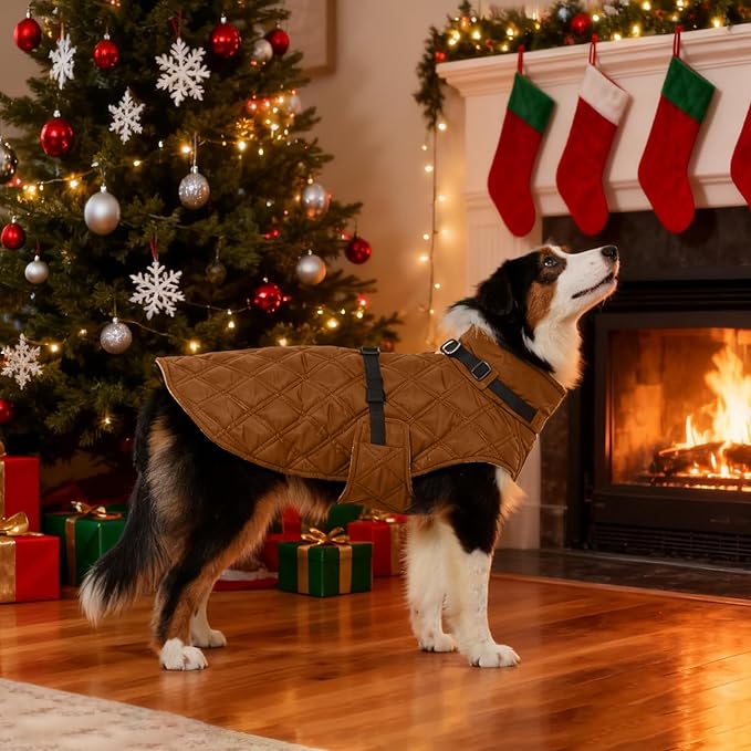 Kuoser Dog Coat Warm Fleece Lining Turtleneck Dog Jacket with Harness Built-in, Adjustable Windproof Cold Weather Coats with Quick Release Buckle Pet Winter Snowsuit for Small Medium Dogs, Khaki M