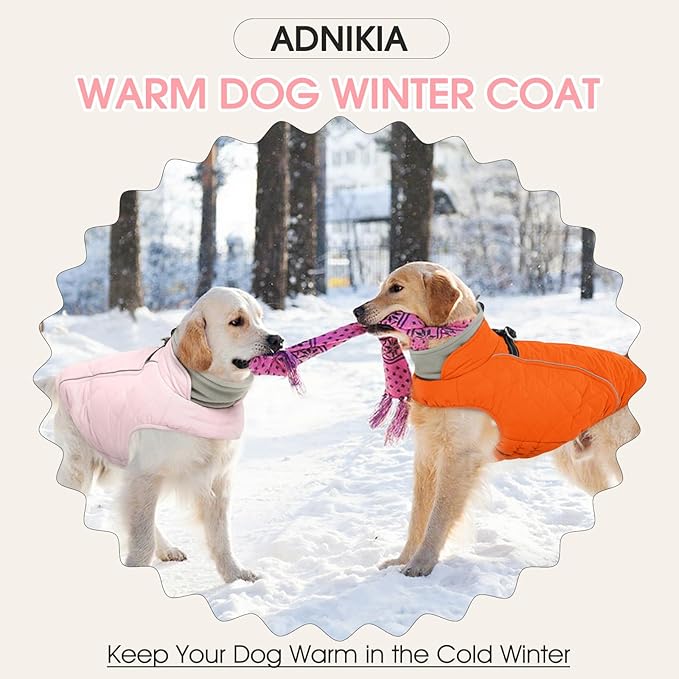 Dog Coat with Harness Built in -Pink,2XL- Fleece Lined Dog Snow Jacket Snowsuit，Adjustable Reflective Winter Warm Cold Weather Coat