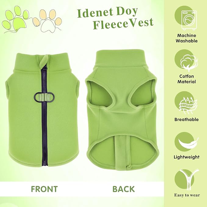 Idepet Dog Fleece Vest Sweater Zip Up Warm Pullover Dogs Jacket with D-Ring Leash Winter Cold Weater Coat Pet Sweatershirt Clothes Hoodie for Small Medium Dogs Boy Girl(Green,XXS)