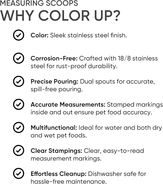Color Up 1 Cup Pet Food Scoop – Stainless Steel Dog Food Scoop Cup (16 Tbsp) – Heavy-Duty, Rust-Resistant Measuring Scoop for Dogs, Cats, Birds & Rabbits – Ideal for Dry Food & Treats