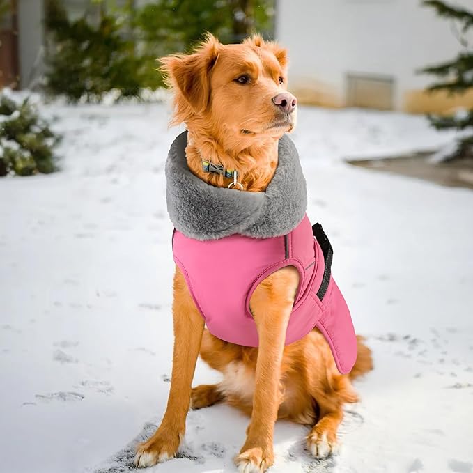 PETDSH Dog Coat Large, Windproof Dog Jacket with Warm Fleece Lining, Thickened Collar Dogs Winter Coat, Adjustable Reflective Pet Coats for Cold Weather (Pink, XXX-Large)