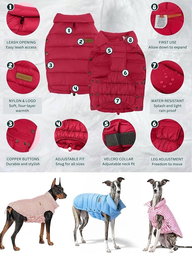 SPACE LION Dog Puffer Jacket, Down Winter Coat, Durable Outdoor Coat for Cold and Windy Conditions, Waterproof, Lightweight Jacket, Adjustable Fit for Small, Medium, Large Dogs(Red,14/L)