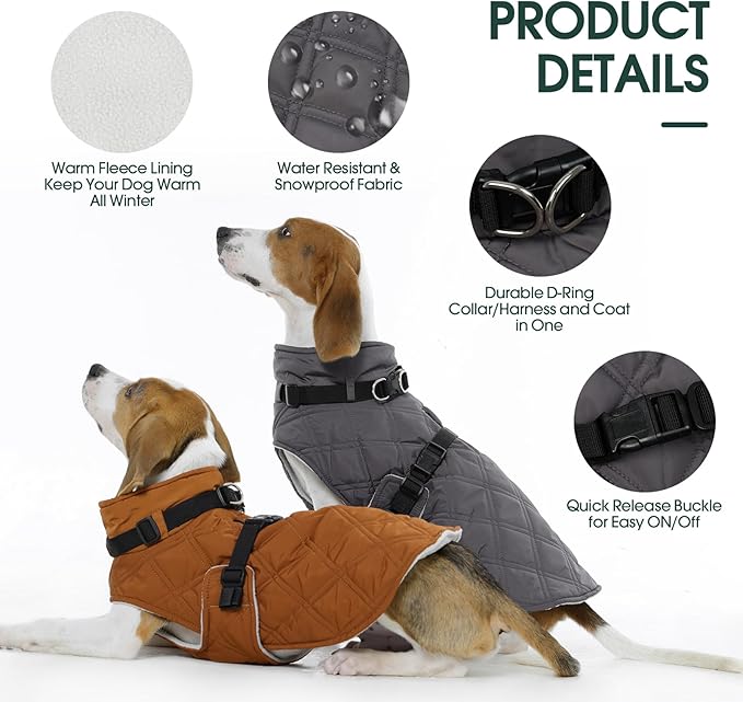 Kuoser Dog Coat Warm Fleece Lining Turtleneck Dog Jacket with Harness Built-in, Adjustable Windproof Cold Weather Coats with Quick Release Buckle Pet Winter Snowsuit for Large Dogs, Grey XL