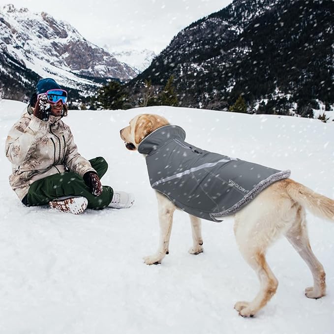 VIVAGLORY Snowrap Dog Coat, Jacket with Harness Hole & Velcro Closure, Dog Coat for Winter & Cold Weather, Fluffy Warm Fleece Lined Reflective Water Resistant for Puppy, M, Grey