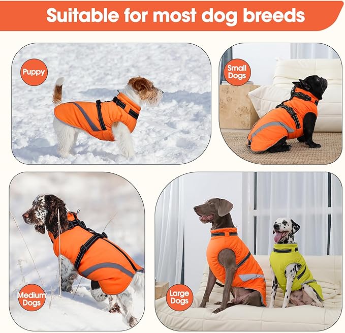BRKURLEG Dog Winter Jackets for Medium Dogs, Dog Coat with Harness Built in, Dogs Snowsuits with Zipper, Waterproof Windproof Pet Puffer Jacket Fleece Vest for Pug, French Bulldog, Orange M