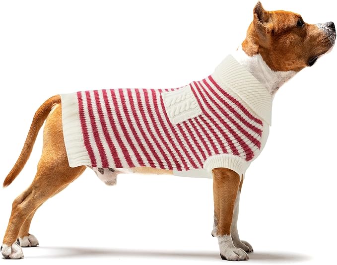 Small Dog Sweater, Knitted Striped Pullover Dog Clothes for Cold Weather, Thick Warm Cozy Stretchy Sweater for Chihuahua, Bulldog, Dachshund, Pug(Red & White Strip, XXL)