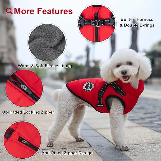 Warm Winter Coat, Fashion Sports Dog Jacket with Built-in Harness, Reflective & Adjustable Pet Vest, Waterproof Windproof Apparel for Small Dogs (Red)