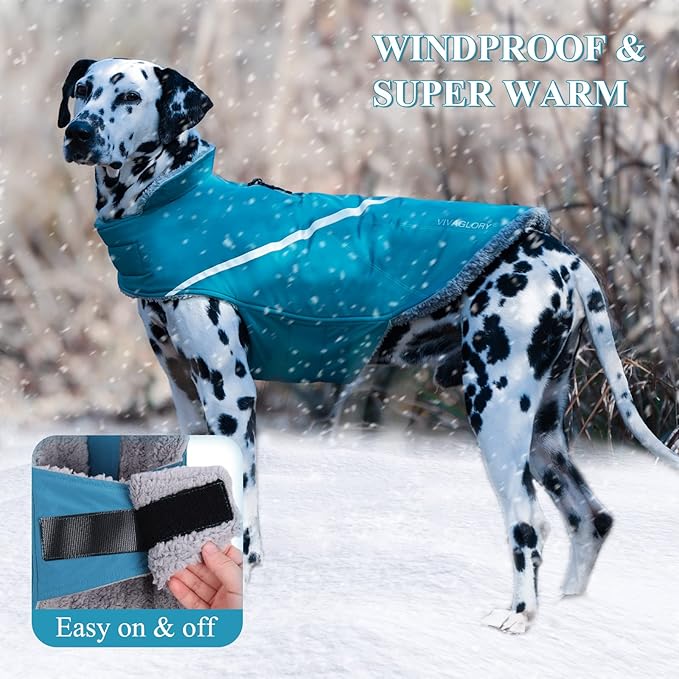 VIVAGLORY Snowrap Dog Coat, Jacket with Harness Hole & Velcro Closure, Dog Coat for Winter & Cold Weather, Fluffy Warm Fleece Lined Reflective Water Resistant for Puppy, S, Turquoise