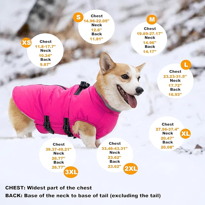Large Dog Coat with Harness Built-in, Waterproof Reflective Fleece Lined - Warm Windproof Winter Jacket with Back Zipper, Cold Weather Snow Dog Coats - Pink - 2XL