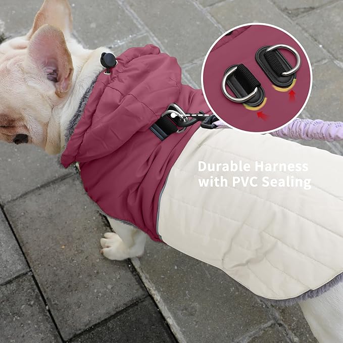 Detachable Hooded Dog Coat with Harness for Large Dogs,Super Warm Fleece Puppy Jacket for Cold Winter Doggie Coats,Red XXXL