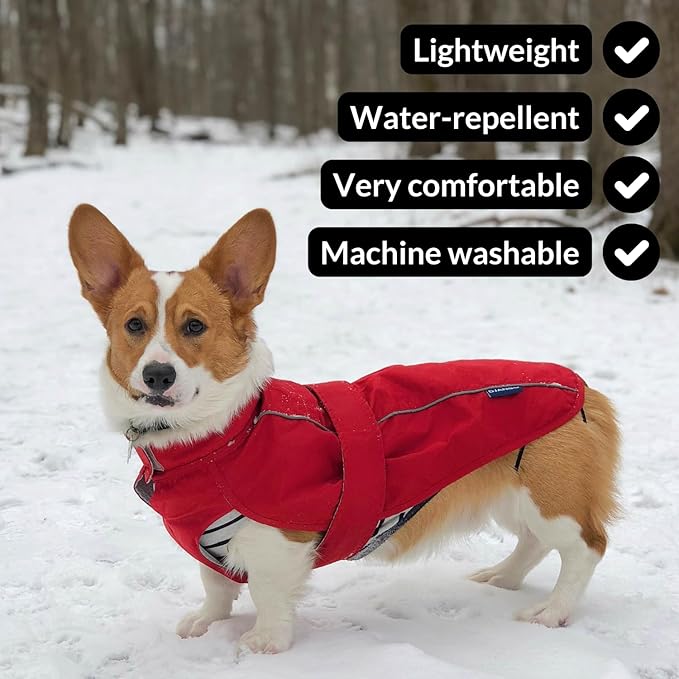 DJANGO Dog Jacket & Raincoat – Lightweight Water-Resistant Coat for Small, Medium & Long Dogs Like Dachshunds – Reflective, Adjustable Fit, Harness-Compatible & Easy-Access Harness Hole - Black, Small