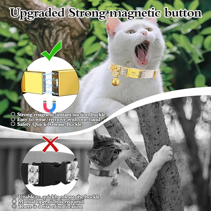 Personalized Breakaway Cat Collars - Magnetic Buckle, Bell - Safety Quick Release, Customized for Girls & Boys Cats- (Houndstooth-Khaki)