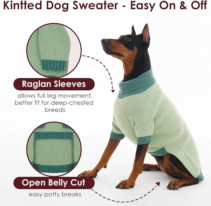 Large Dog Sweater, Soft Cable Knit Sweater with Harness Hole, Warm Christmas Sweaters for Dogs Male Female, Fall Winter Pet Pullover Holiday Costume for Dachshund French Bulldog Terrier Green L