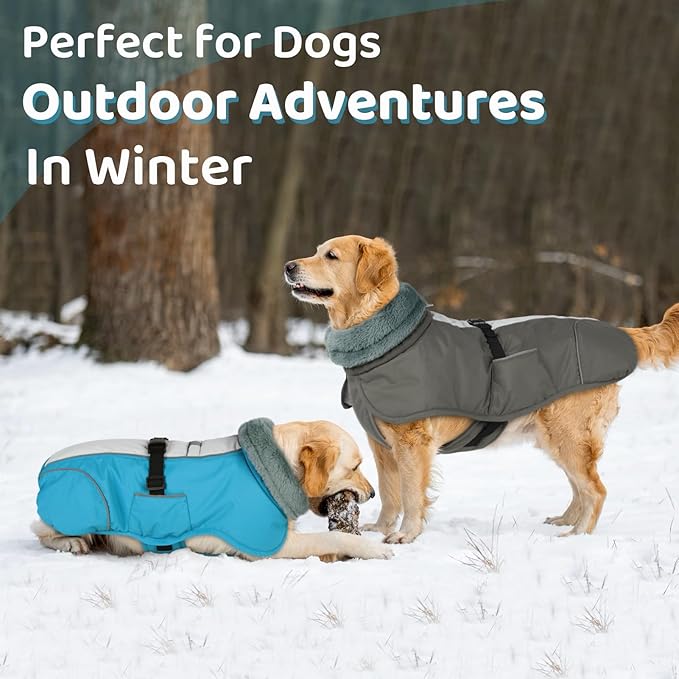Queenmore Fleece Dog Coats, Dog Jackets for Large Breeds, Waterproof Windproof Winter Large Pet Coat Fall, Reflective Pet Jackets for Winter, Blue, XXXL