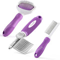 Poodle Pet Bundle - Detangling Pet Comb for Removing Matted Fur, Knots, and Tangles + Dematting Fur Rake Comb Brush for Dogs and Cats + Slicker Brush for Grooming and Deshedding Pet Undercoat Hair