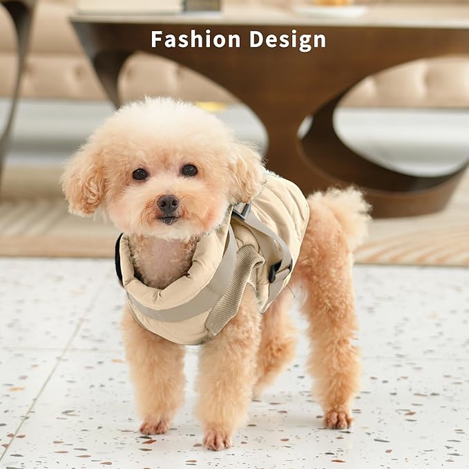 Dog Jacket with Harness,Fleece Lined Warm Puppy Coat for Winter,Soft Windproof Medium Dog Vest,Khaki XL