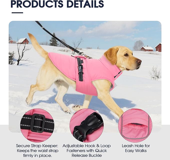 IECOii Warm Dog Coat - Snow Jackets with Reflective, Adjustable & Windproof & Waterproof Quick-Release Buckles & Warm Fleece Lined Vest for Winter, Spring, Fall, Pink, Size 3XL