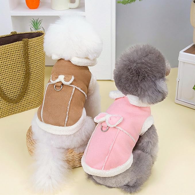 Jecikelon Bowtie Dog Cold Weather Coat Fleece Lining Warm Pet Puppy Turtleneck Dogs Winter Coats for Small Dogs Jacket with D-Ring Leash (Large, Pink)