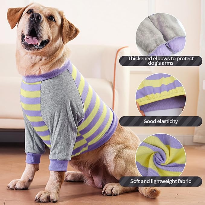 FUAMEY Dog Recovery Sleeve with Elbow Protector,Dogs Shirt Stop Licking Joints,Pet Long Sleeve Suit Protecting Dog's Front Leg Arm Wounds Cover Skin Conditions Purple Stripes 2XL