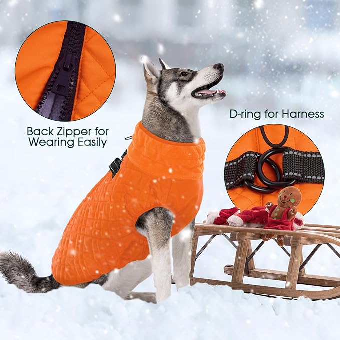 Kuoser XXL Winter Coat | Giant Breed Armor for Mastiffs & Great Danes | Zippers Secure Dogs in -20°F, Reflective Panels for Mountain Hikes, Orange XL