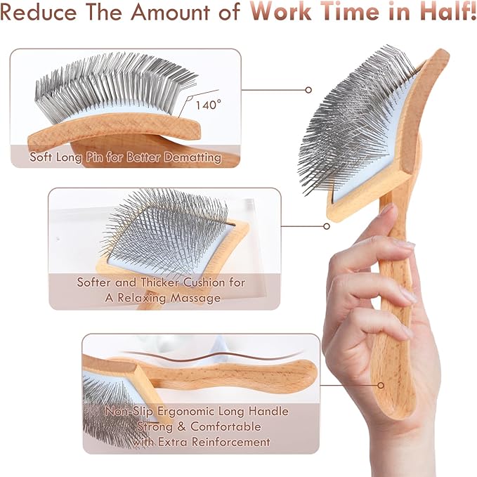 Large Dog Brush for Medium or Long Haired Dogs, Long Pin Slicker Brush for Removes Loose Hair, Tangles and Knots, Best Grooming Brush for Small Animals, Free Pet Comb, Wood