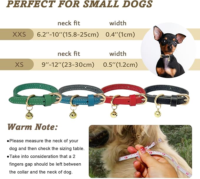 Guiding Star Leather Collar for Puppy, Cute Soft Thin Dogs Collars for Small Medium Dogs, Cat Collar with Bell (Red, XXS, 6.2"-10")
